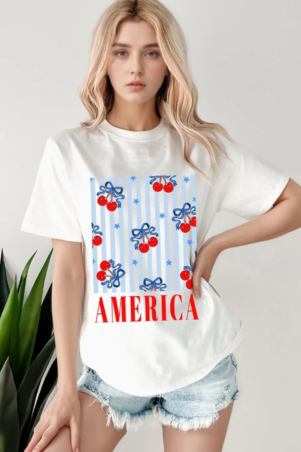 Bow Cherry AMERICA Graphic Crewneck Patriotic T Shirt - Image 2