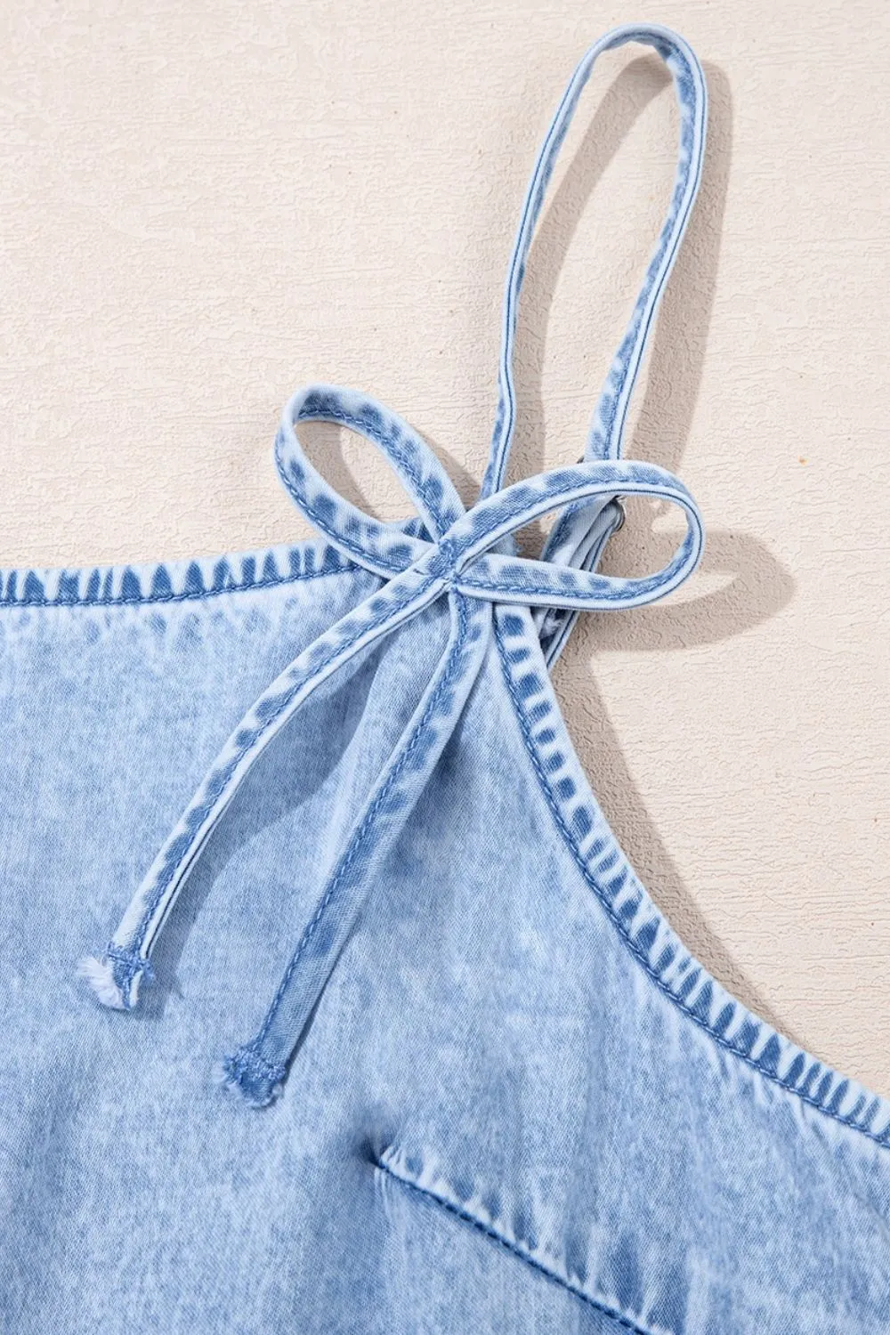 Bow Detail Spaghetti Straps Ruffle Hem Denim Dress - Image 9