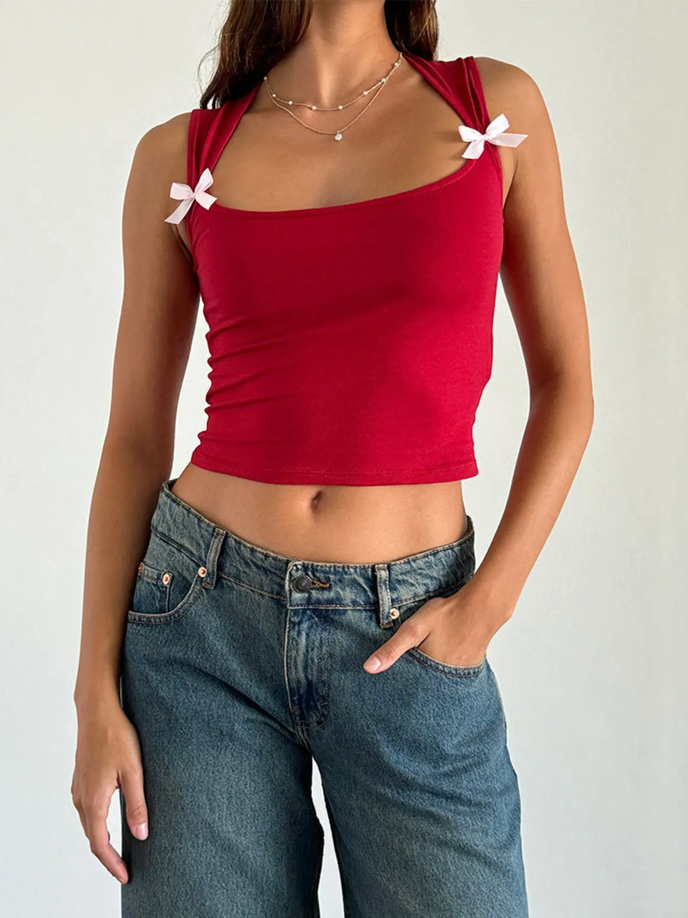 Bow Detail Square Neck Cropped Tank - Image 11