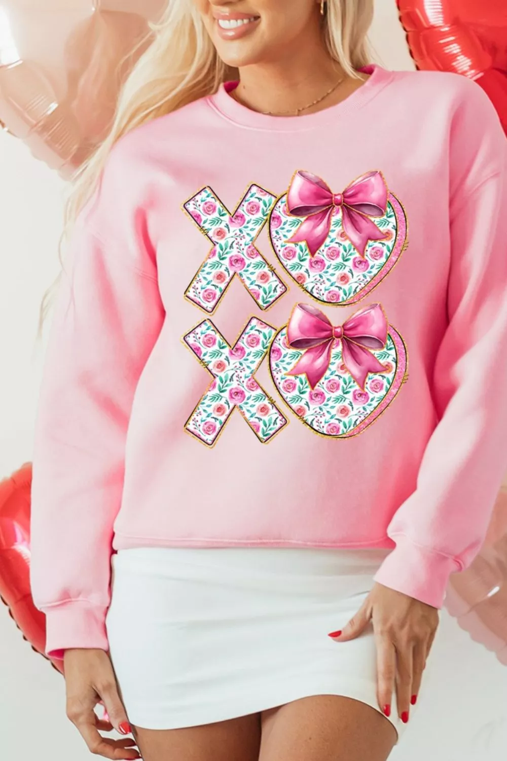 Bow Floral Printed Valentines Day XOXO Sweatshirt - Image 3