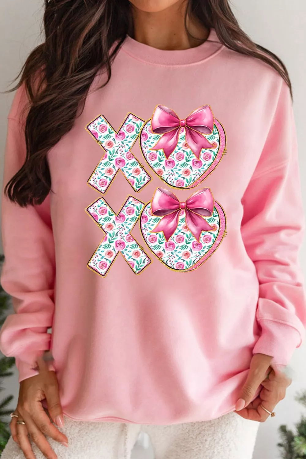 Bow Floral Printed Valentines Day XOXO Sweatshirt - Image 5