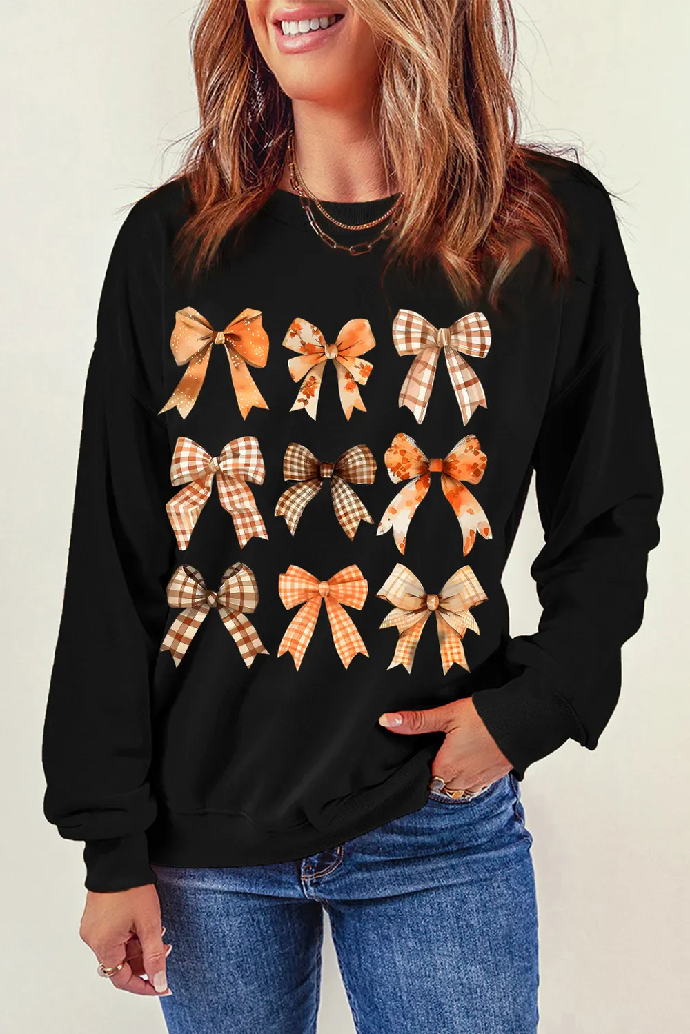 Bow Graphic Round Neck Long Sleeve Sweatshirt - Image 2