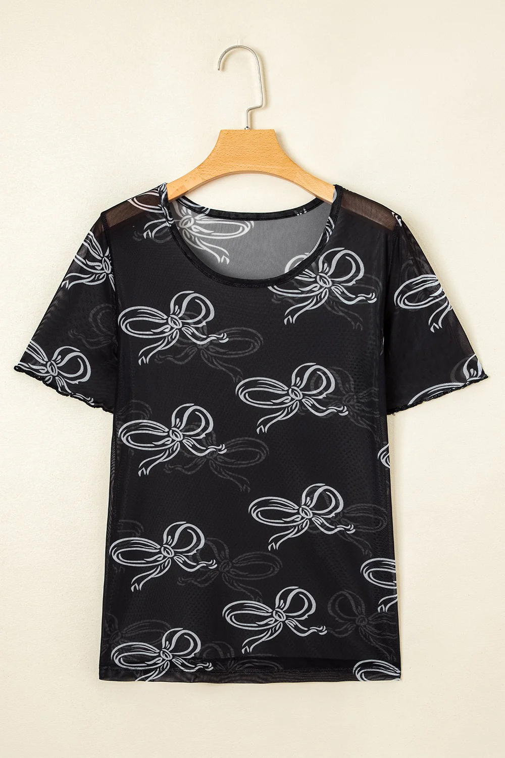 Bow Mesh Round Neck Short Sleeve T-Shirt - Image 3