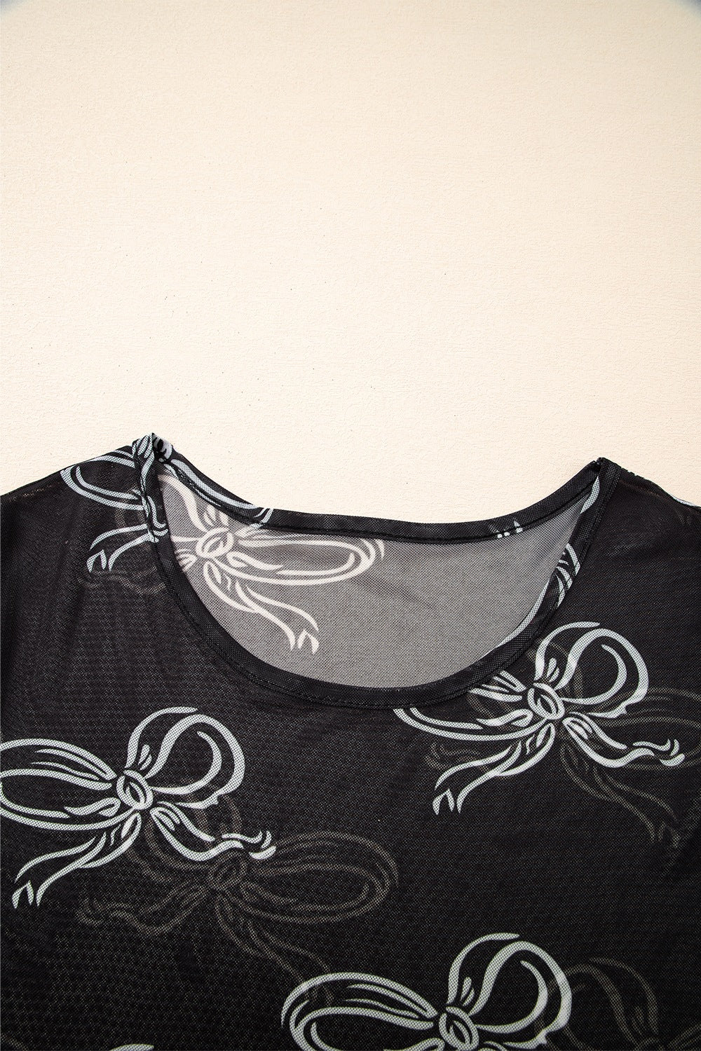 Bow Mesh Round Neck Short Sleeve T-Shirt - Image 5