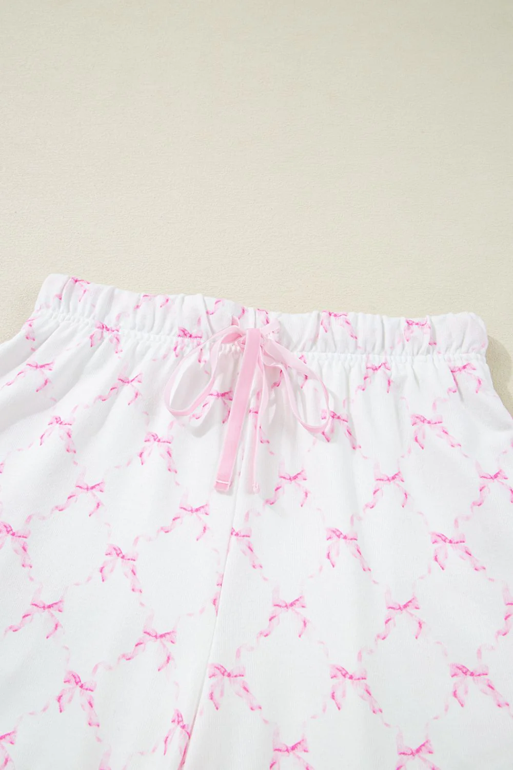 Bow Print Lettuce Trim Round Neck Top and Shorts Lounge Set - Image 10
