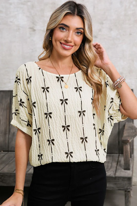 Bow Print Puff Short Sleeve Top - Image 6