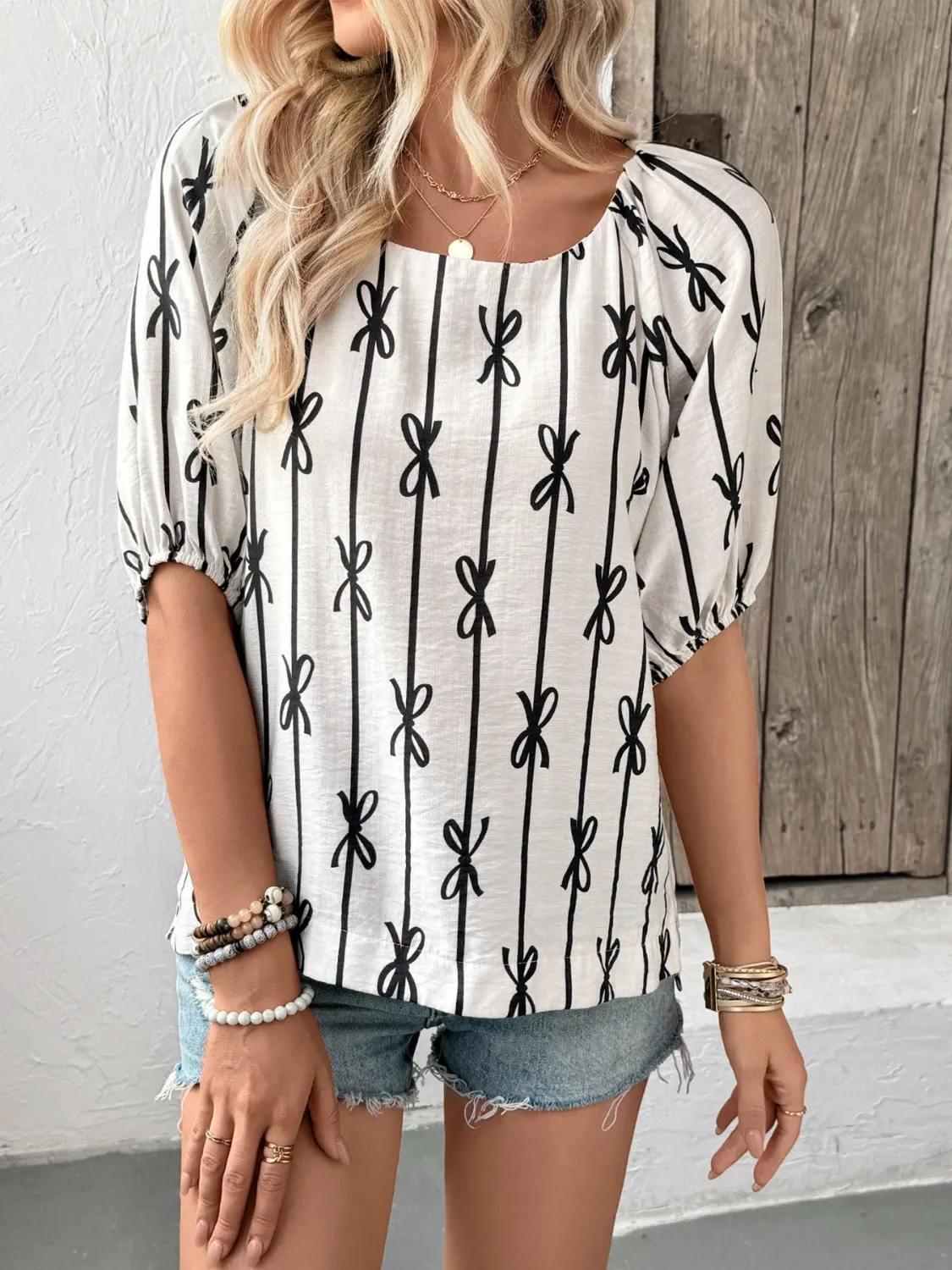 Bow Print Puff Sleeve Casual Blouse - Image 5