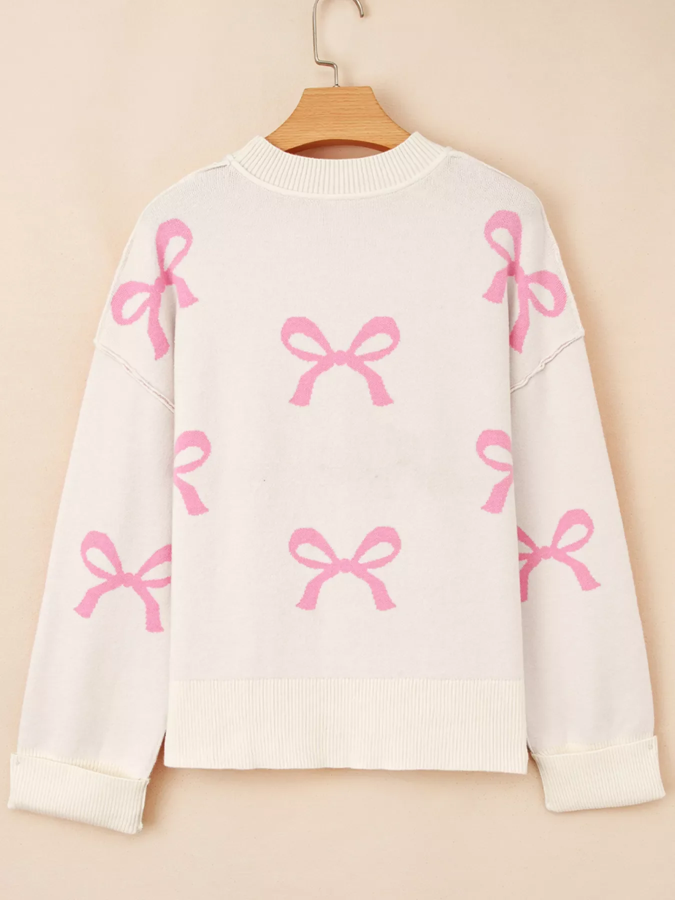 Bow Print Ribbed Trim Exposed Seam Drop Shoulder Loose Sweater - Image 4