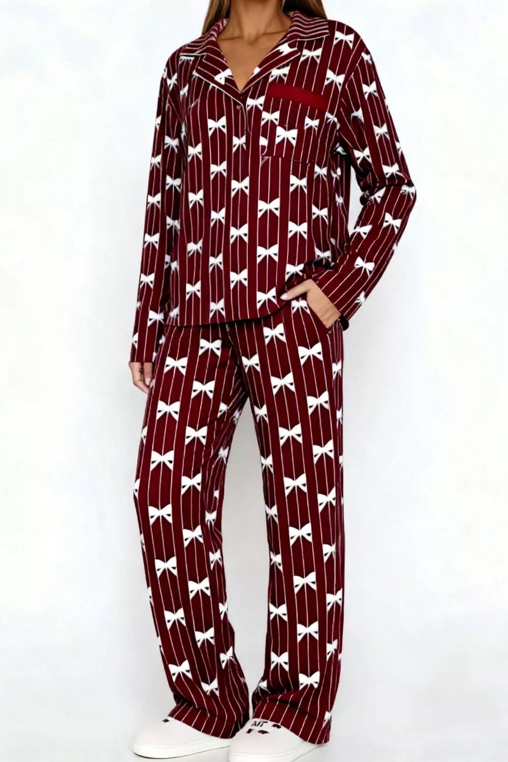 Bow Print Top and Wide Leg Pants Lounge Set - Image 11