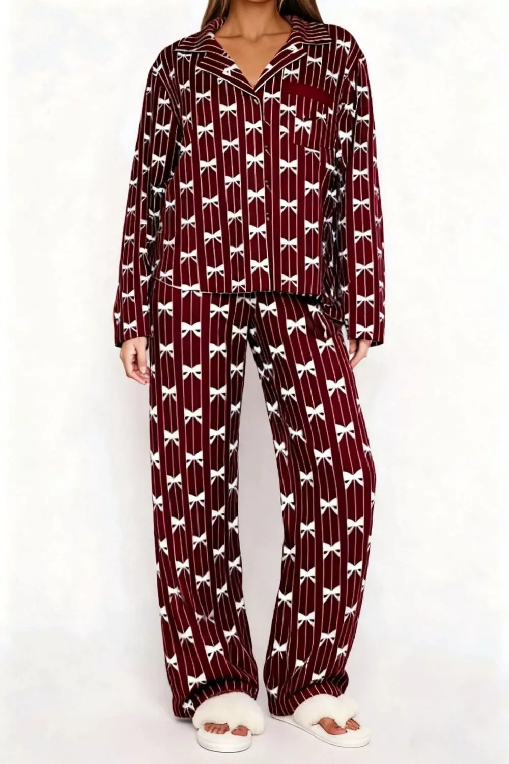 Bow Print Top and Wide Leg Pants Lounge Set - Image 12