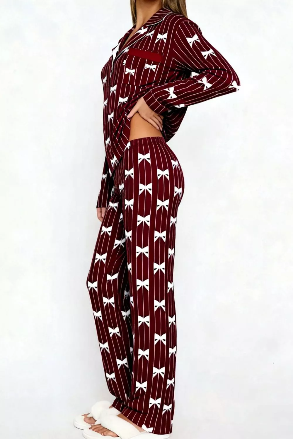 Bow Print Top and Wide Leg Pants Lounge Set - Image 13