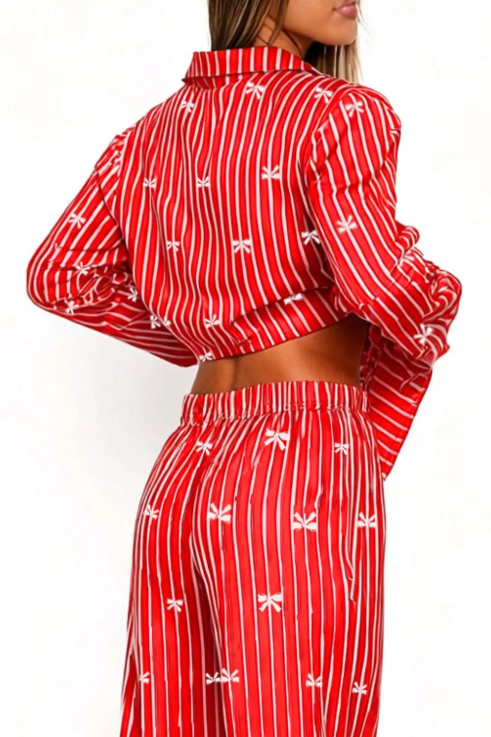 Bow Print Top and Wide Leg Pants Lounge Set - Image 5