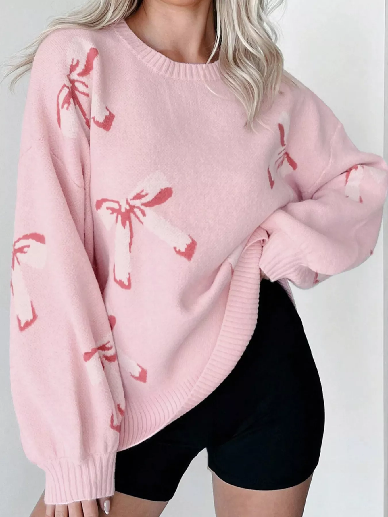 Bow Round Neck Dropped Shoulder Sweater - Image 8