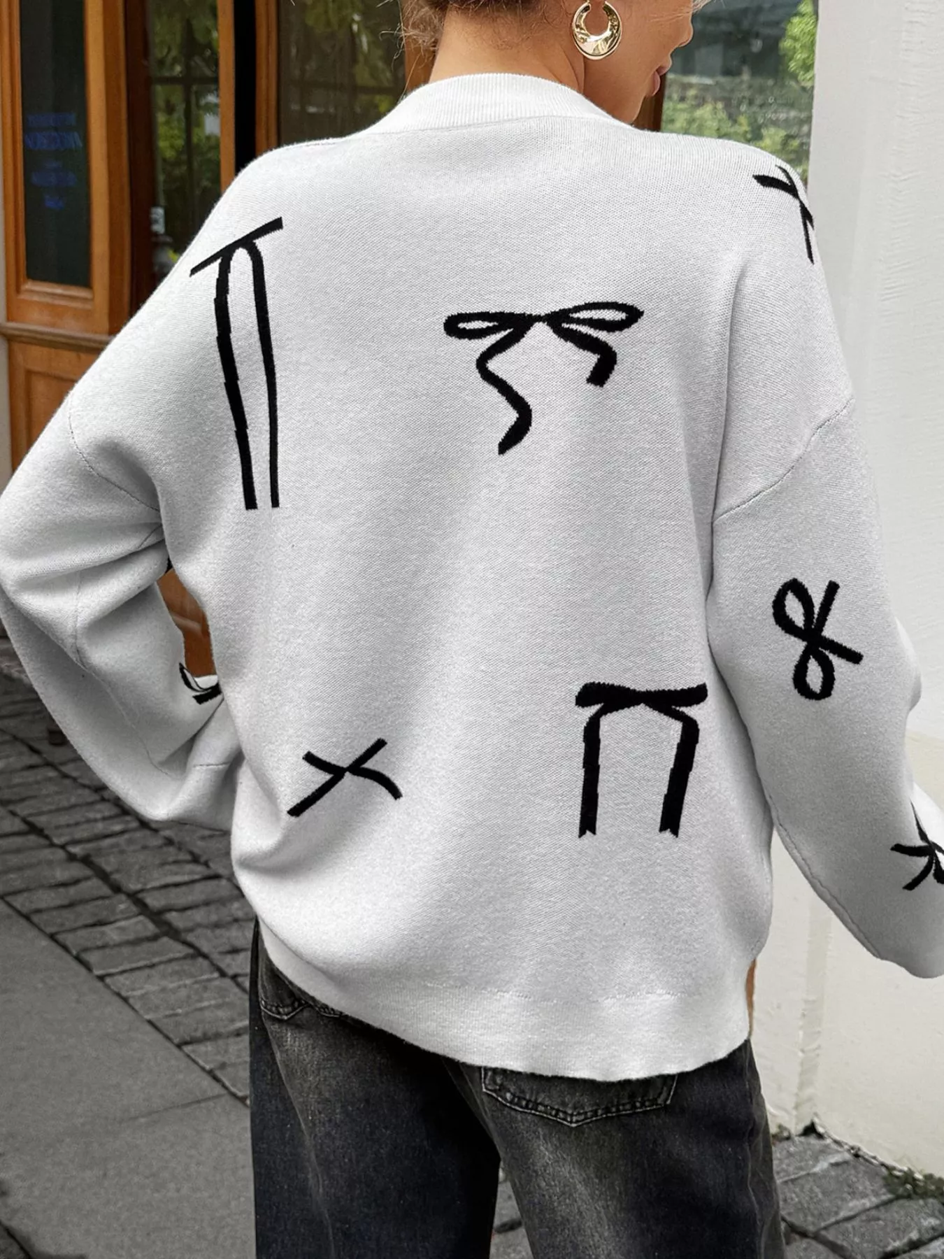 Bow Round Neck Dropped Shoulder Sweater - Image 5