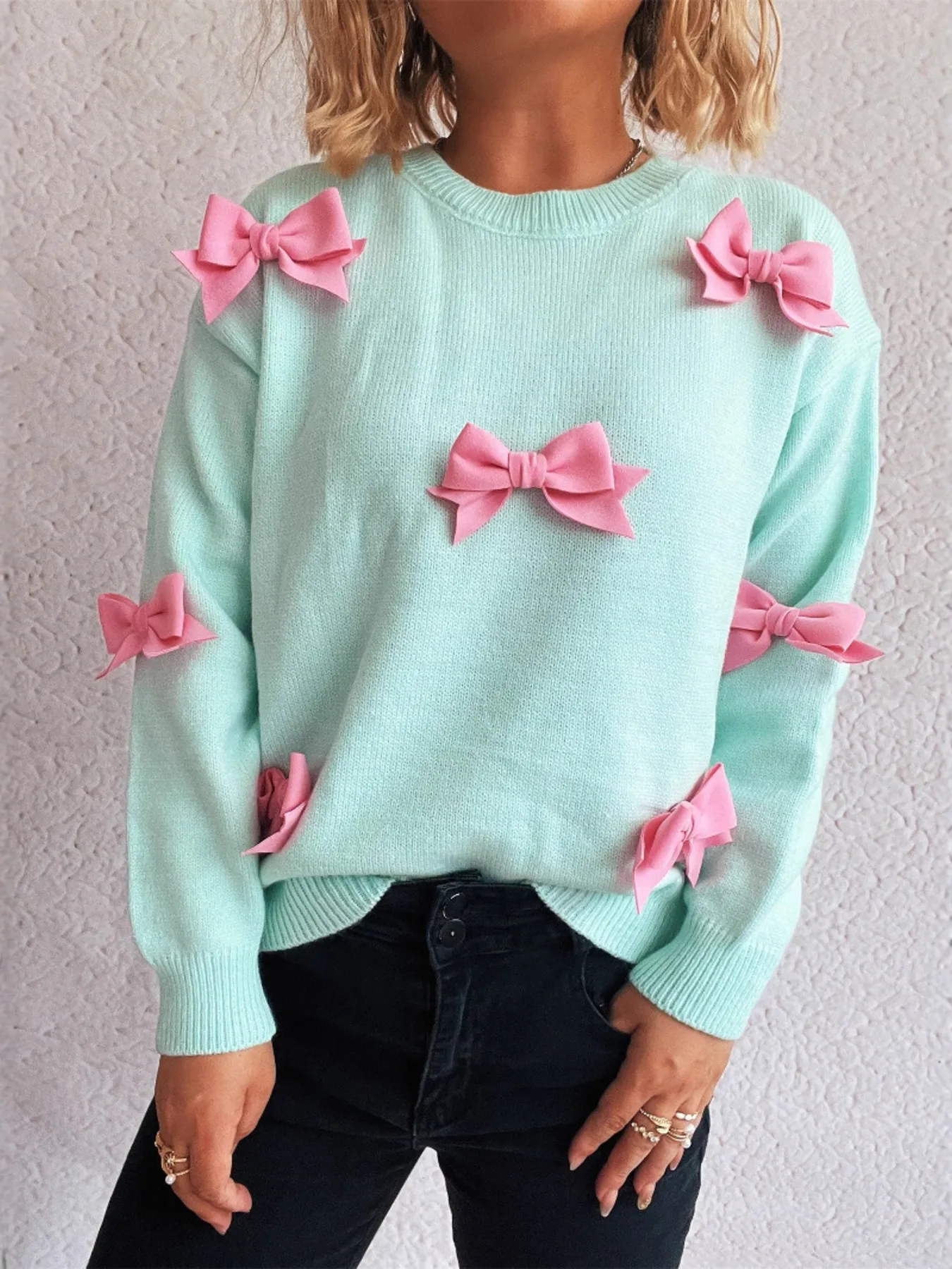 Bow Round Neck Long Sleeve Sweater - Image 11