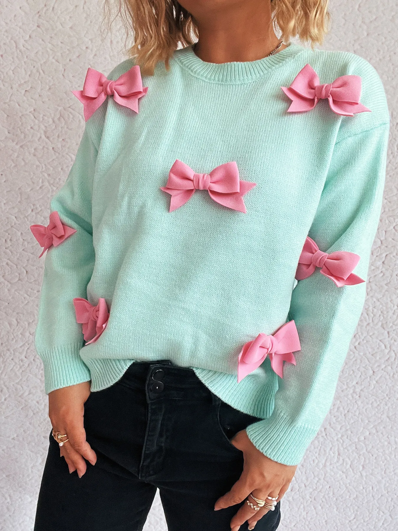 Bow Round Neck Long Sleeve Sweater - Image 13