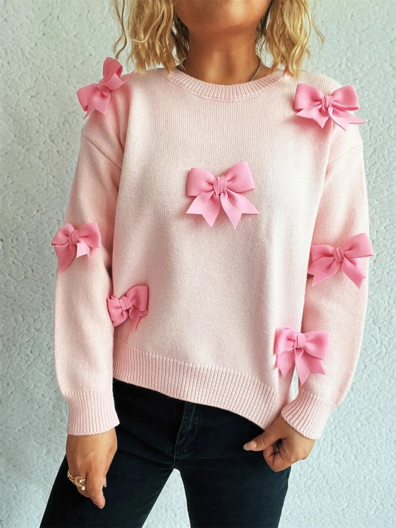 Bow Round Neck Long Sleeve Sweater - Image 6