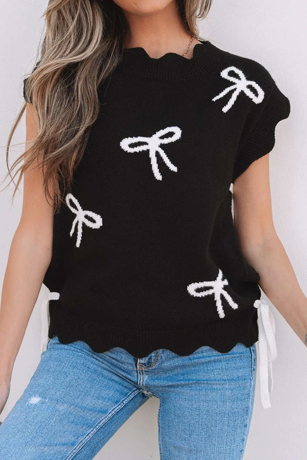 Bow Side Ties Scalloped Hem Cap Sleeve Sweater - Image 3