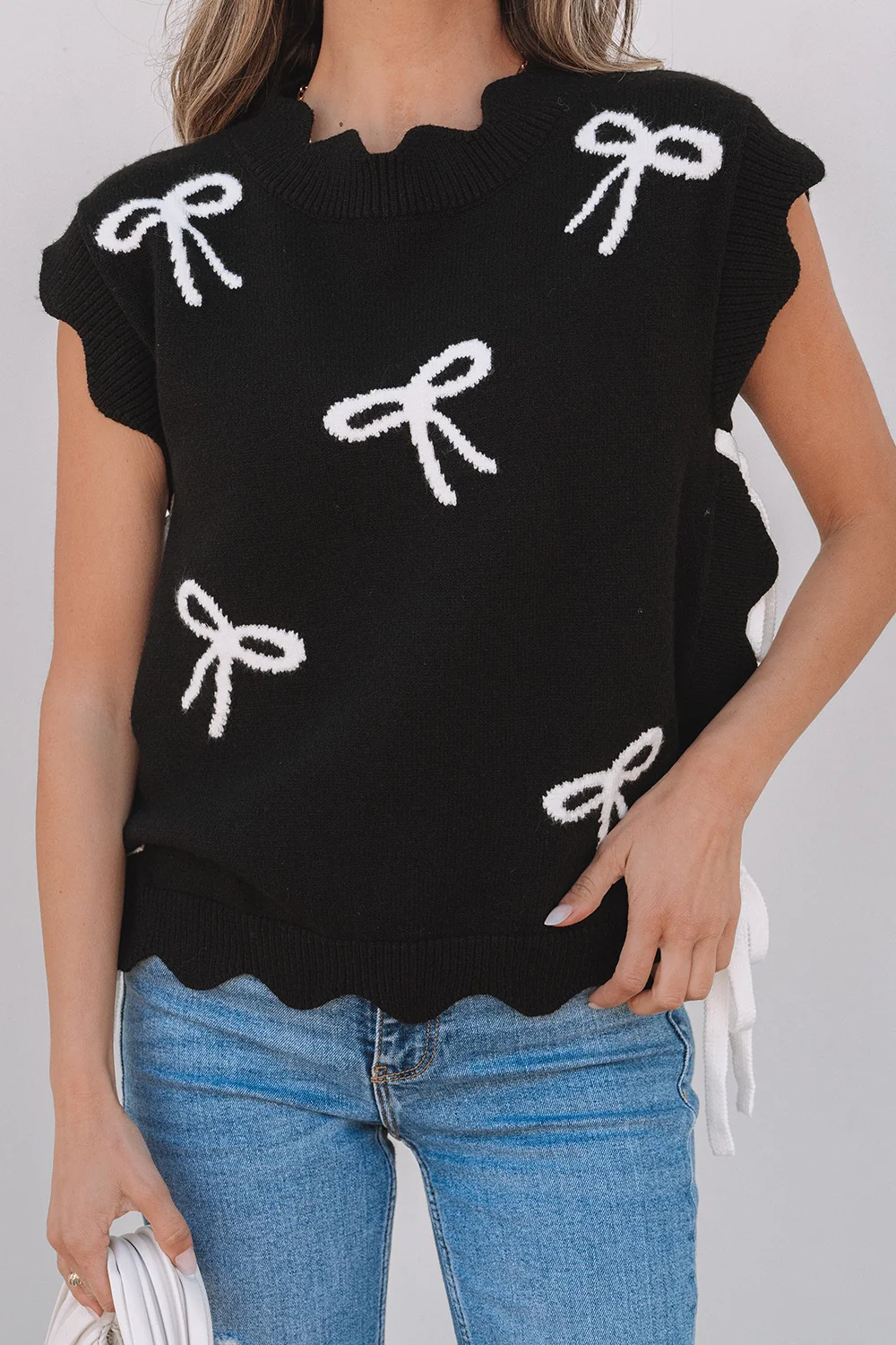 Bow Side Ties Scalloped Hem Cap Sleeve Sweater - Image 4