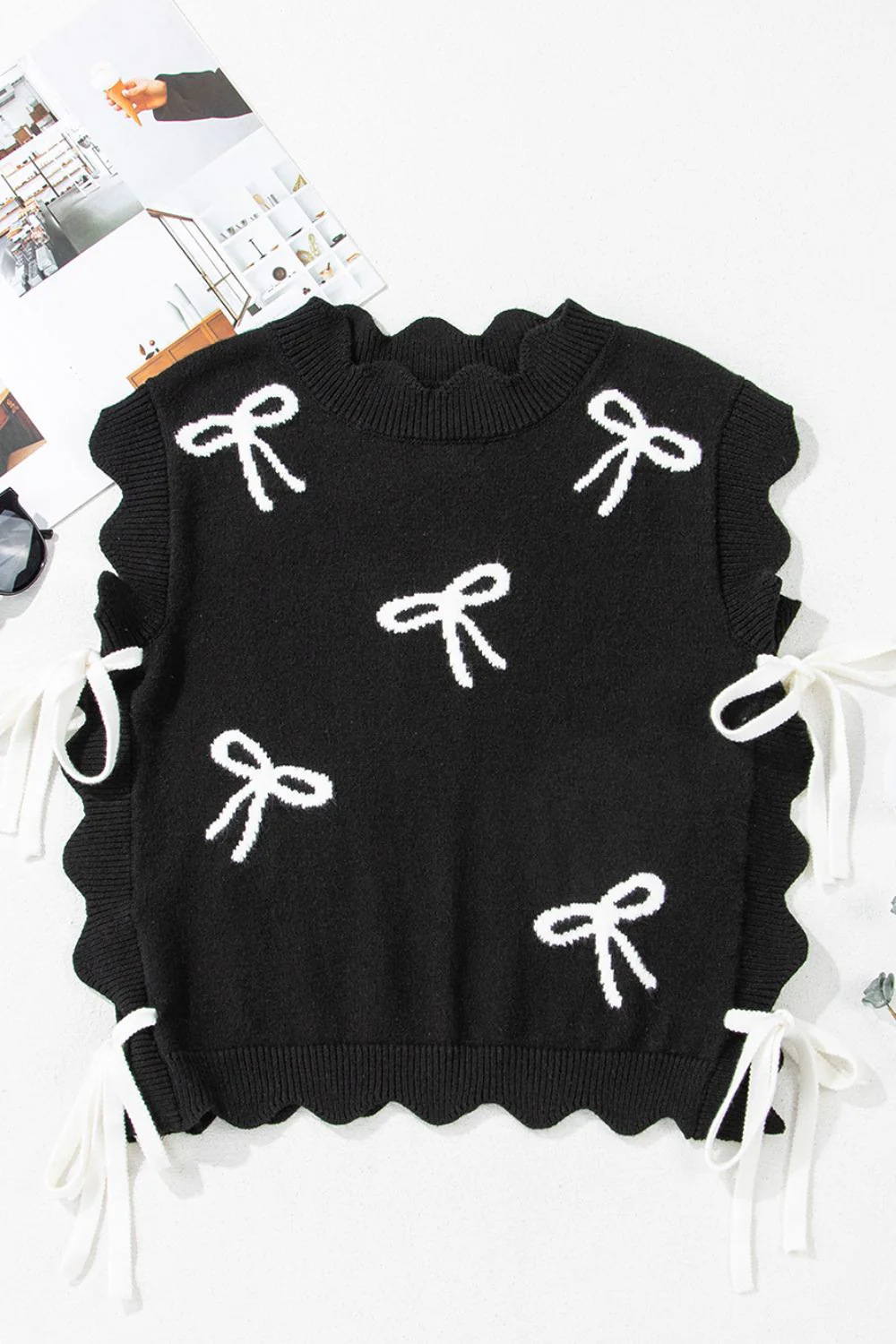 Bow Side Ties Scalloped Hem Cap Sleeve Sweater - Image 7