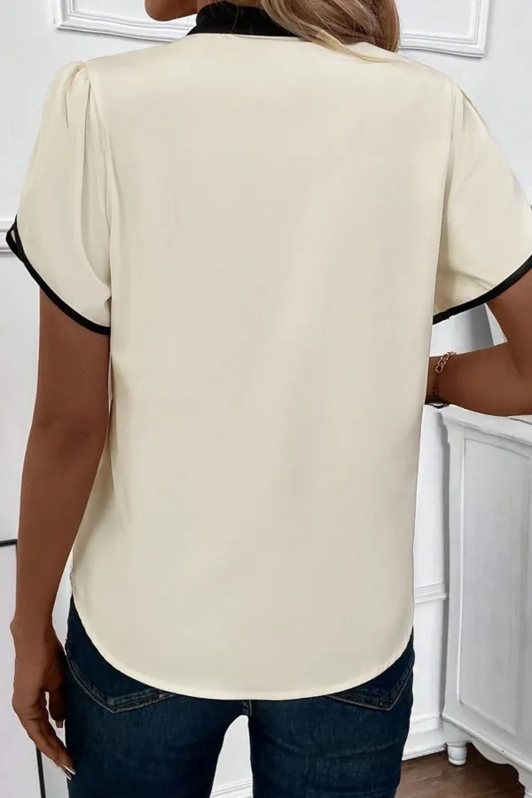 Bow Tie Contrast Short Sleeve Blouse - Image 2
