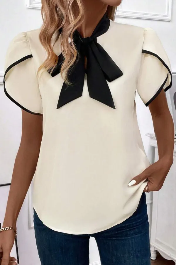 Bow Tie Contrast Short Sleeve Blouse - Image 3