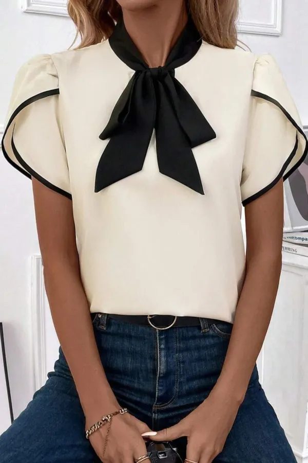 Bow Tie Contrast Short Sleeve Blouse - Image 5
