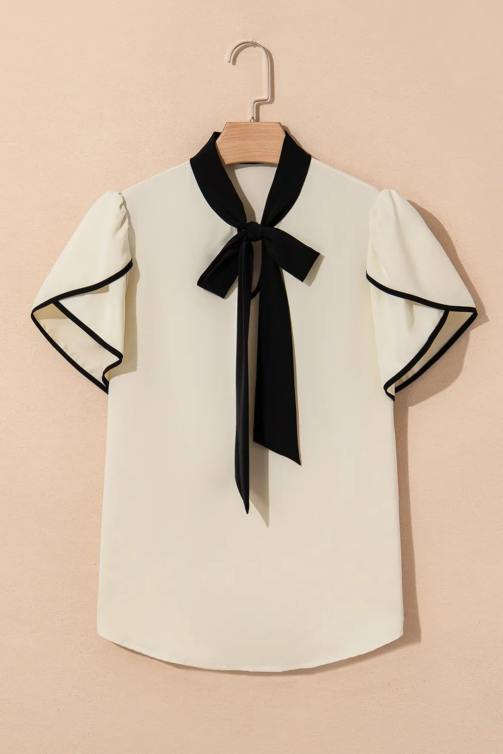 Bow Tie Contrast Short Sleeve Blouse - Image 6