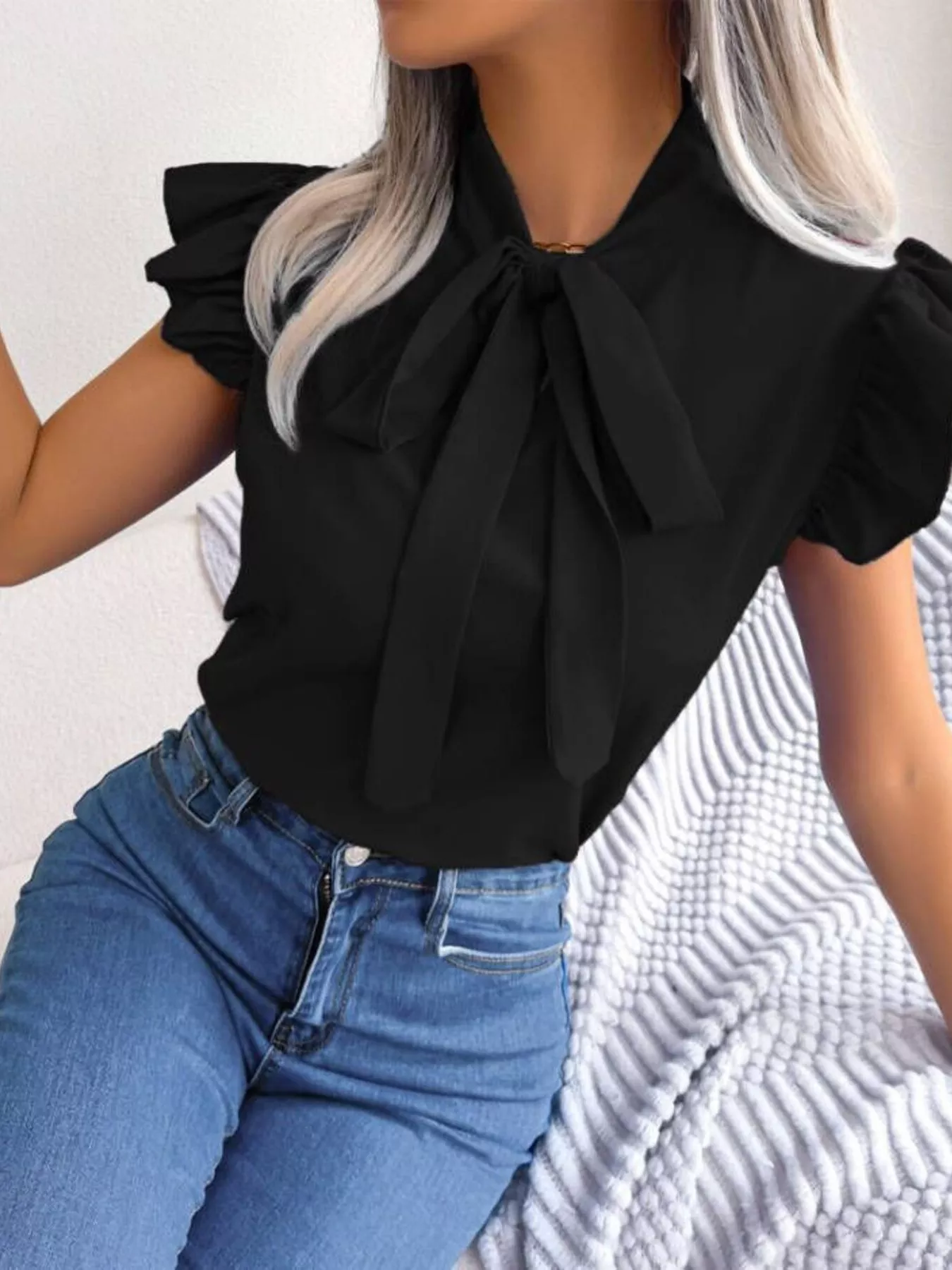 Bow Tie Ruffle Sleeve Blouse - Image 11