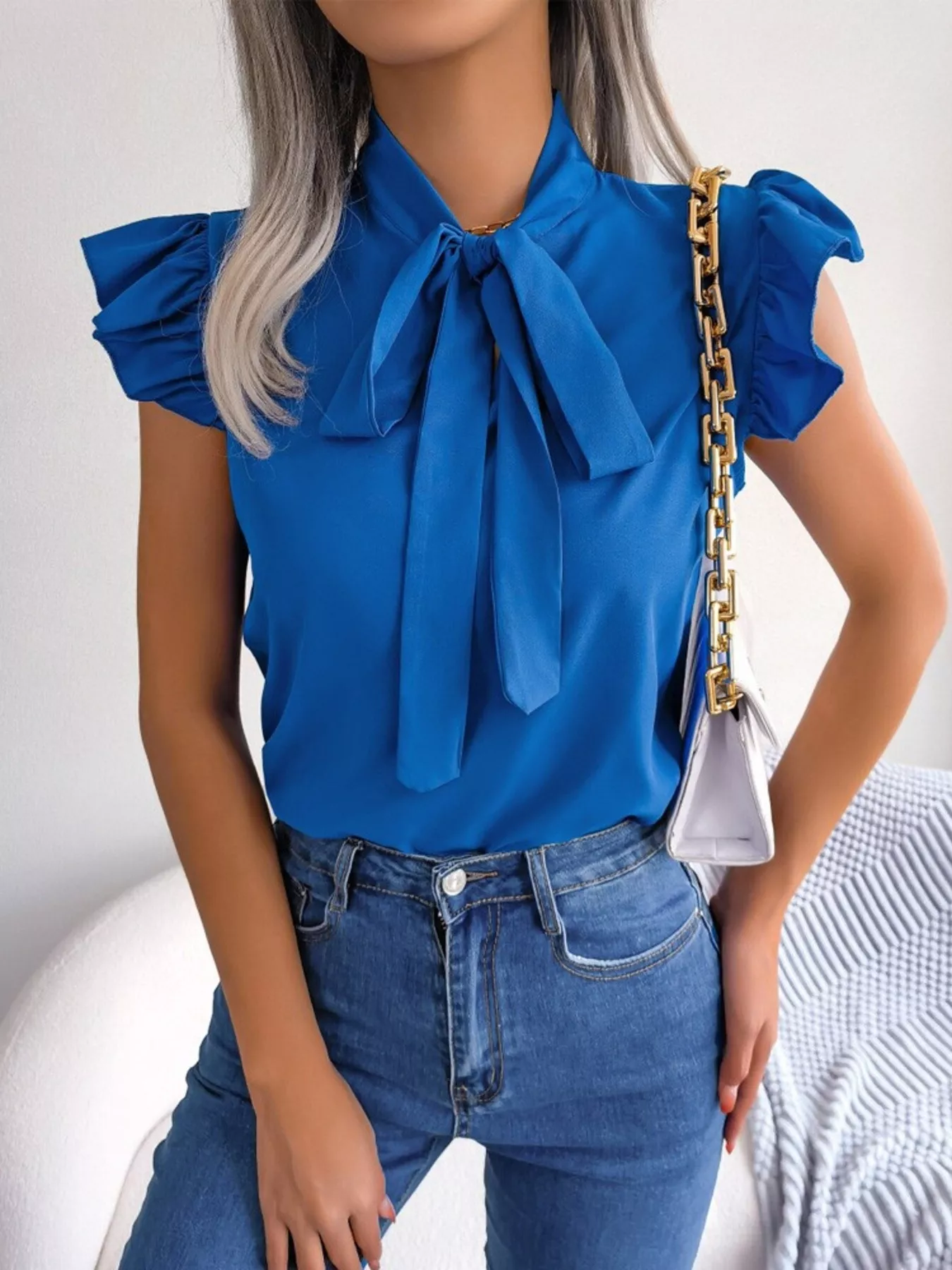 Bow Tie Ruffle Sleeve Blouse - Image 16