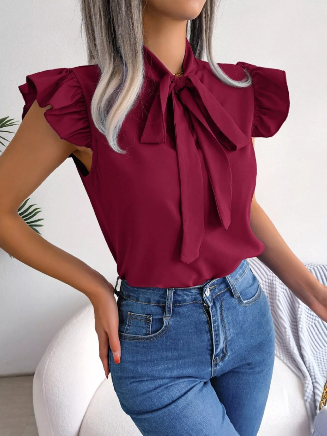 Bow Tie Ruffle Sleeve Blouse - Image 6