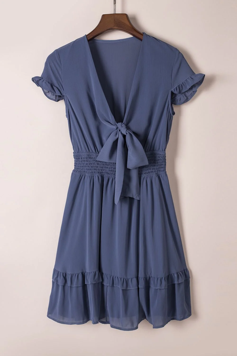Bow-Tie V-Neck Ruffle Hem Mini Dress - Image 7