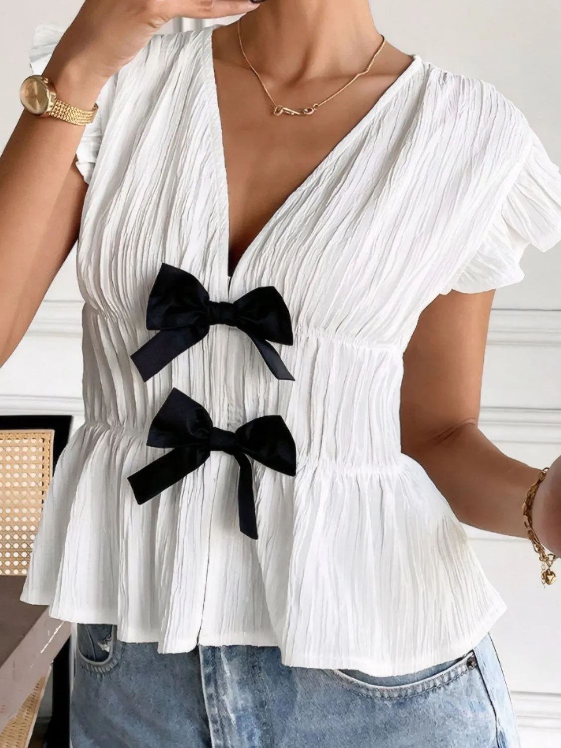 Bow V-Neck Cap Sleeve Blouse - Image 4