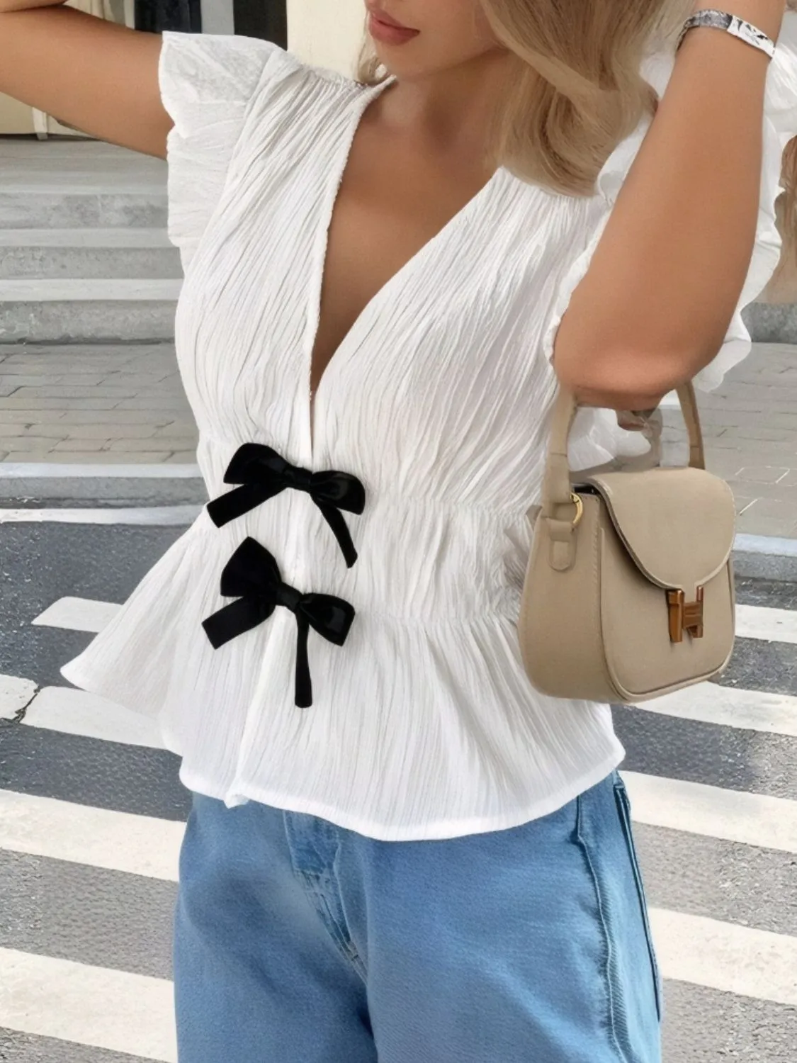 Bow V-Neck Cap Sleeve Blouse - Image 5
