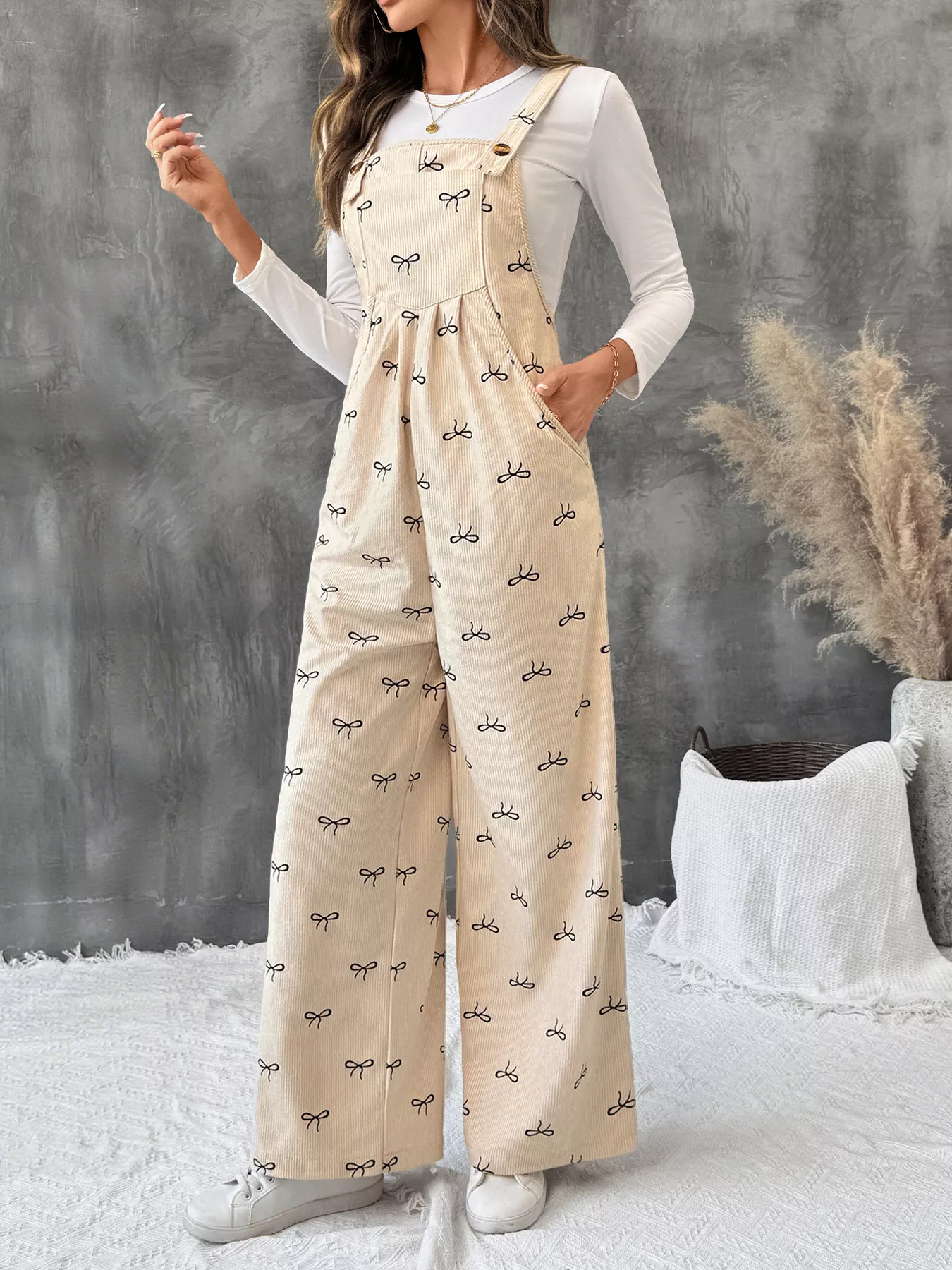 Bow Wide Leg Corduroy Overalls - Image 3