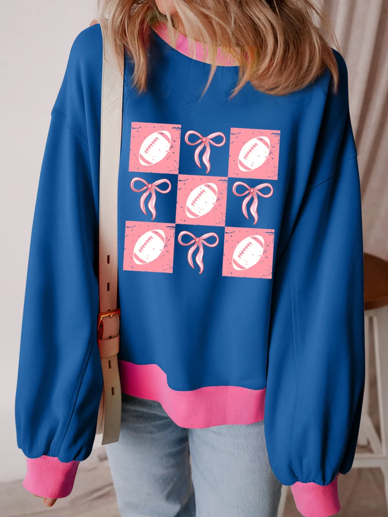 Bowknot Graphic Game Day Contrast Trim Drop Shoulder Casual Sweatshirt - Image 3