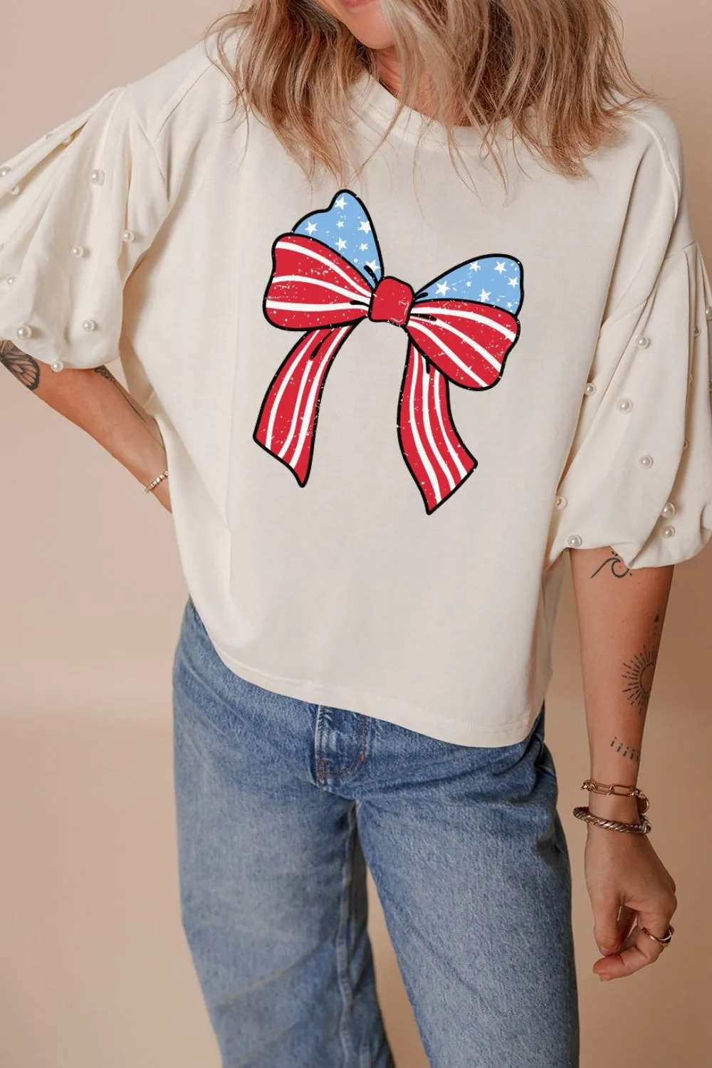 Bowknot Graphic Pearl Puff Half Sleeve T Shirt - Image 3