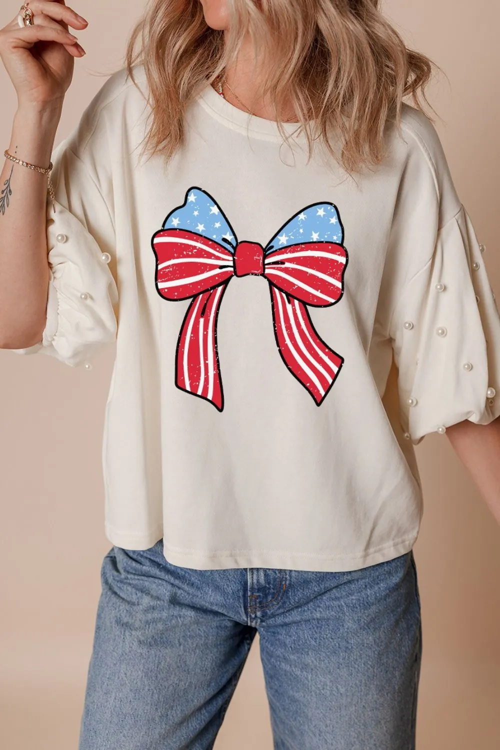 Bowknot Graphic Pearl Puff Half Sleeve T Shirt - Image 4