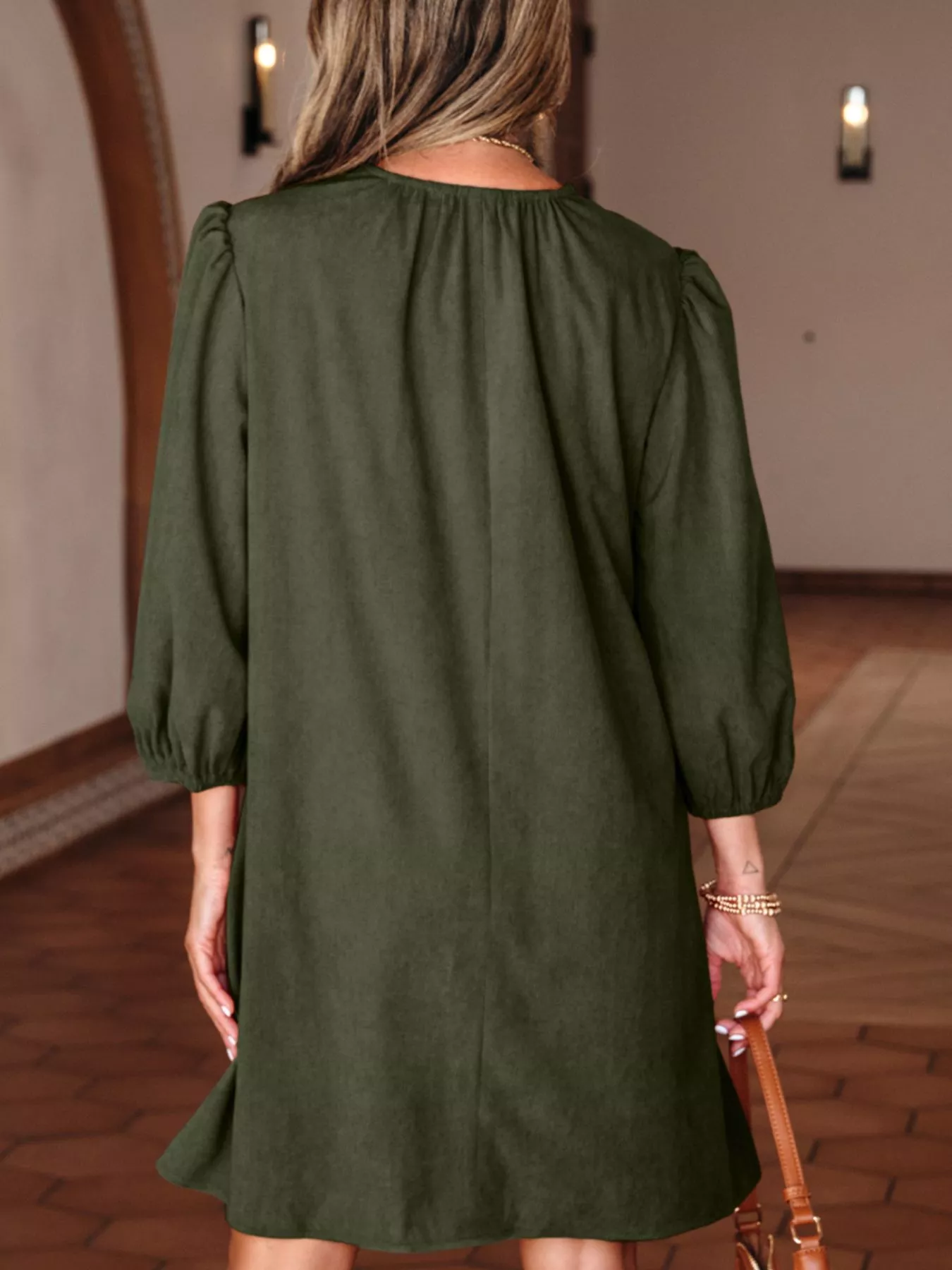 Bracelet Sleeve Split Neck Scallop Detail Pleated Corduroy Mini Dress - Image 2