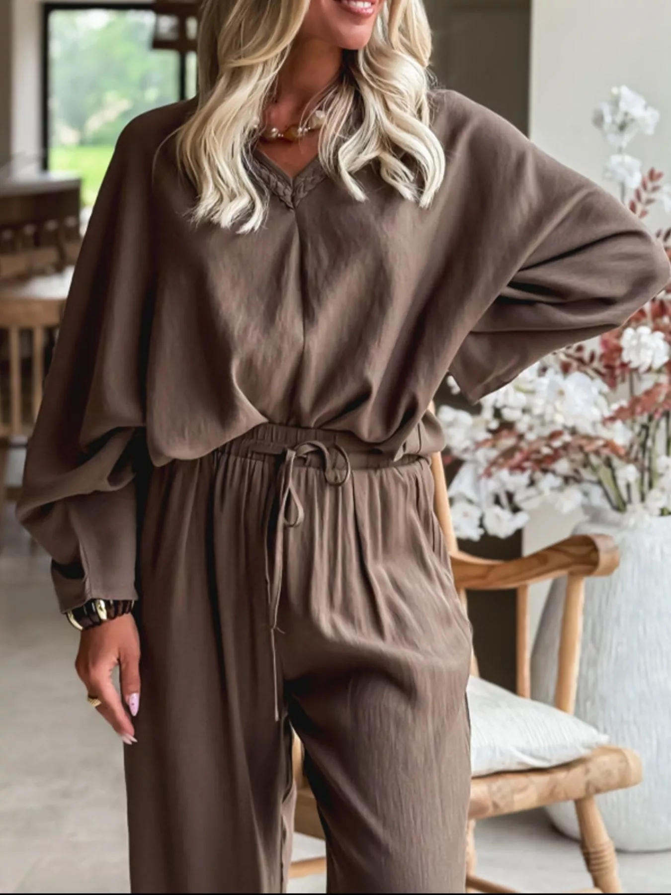 Braided V Neck Long Sleeve Loose Top and Drawstring High Waist Pants 2pcs Outfit - Image 5