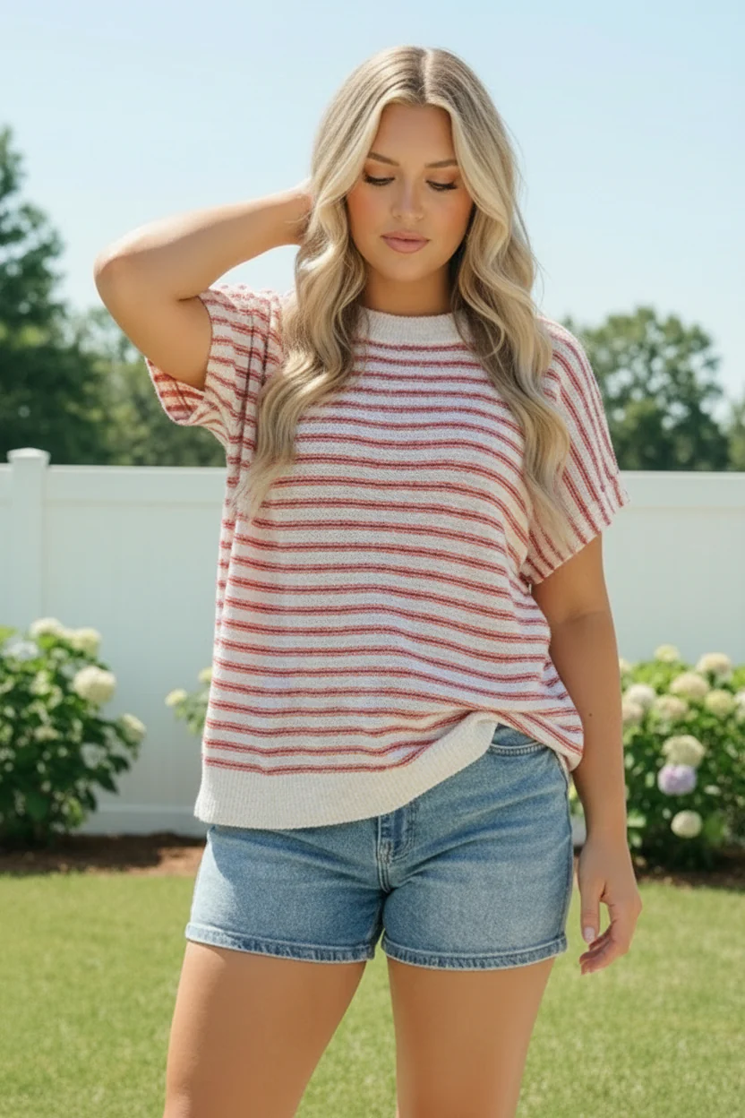 Breezy Stripe Knit Top in Ivory and Red - Image 6