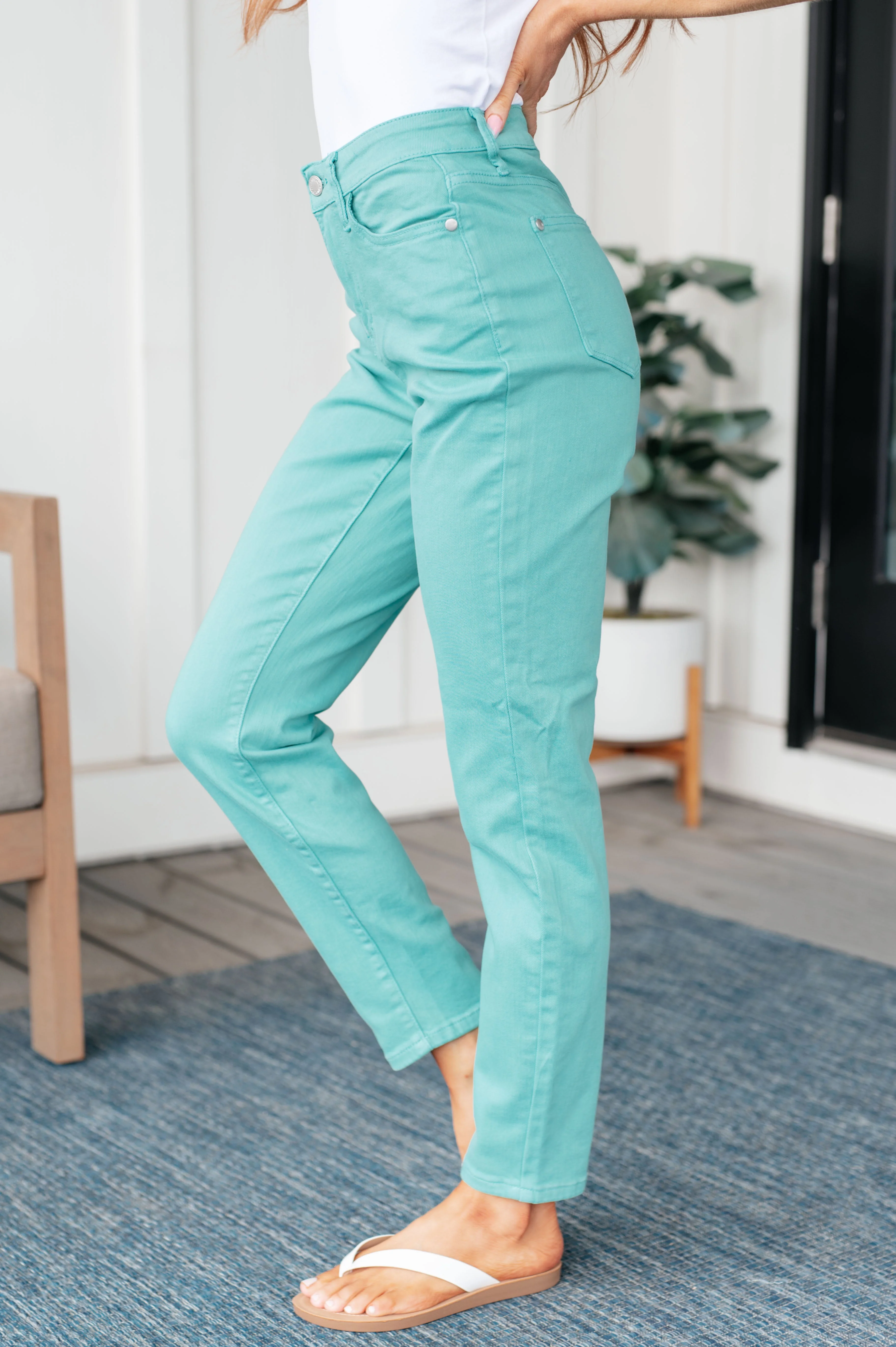 Bridgette High Rise Garment Dyed Slim Jeans in Aquamarine - Image 5
