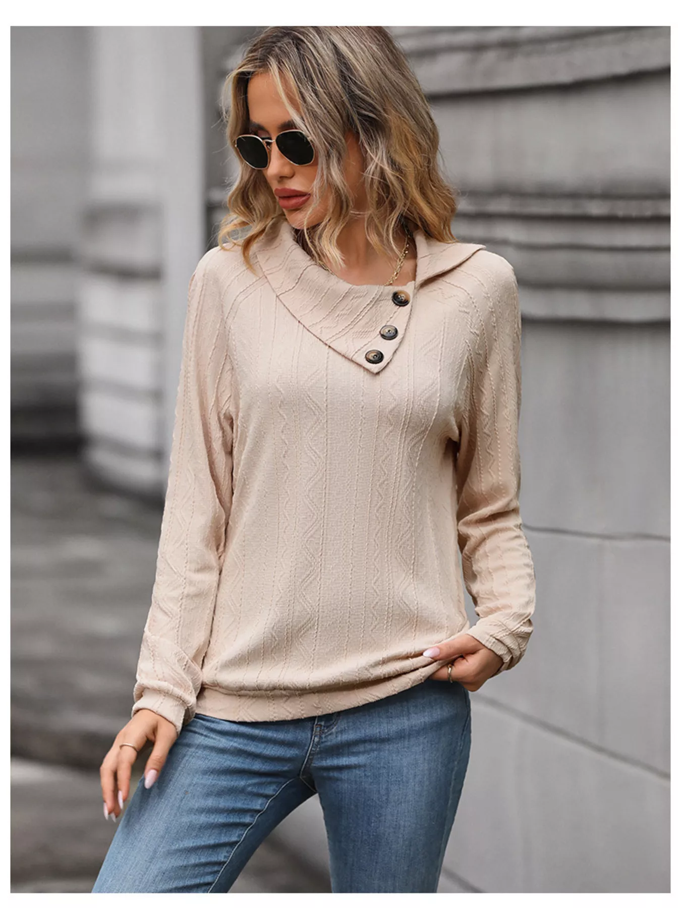 Button-Decor Long Sleeve Textured Top - Image 5