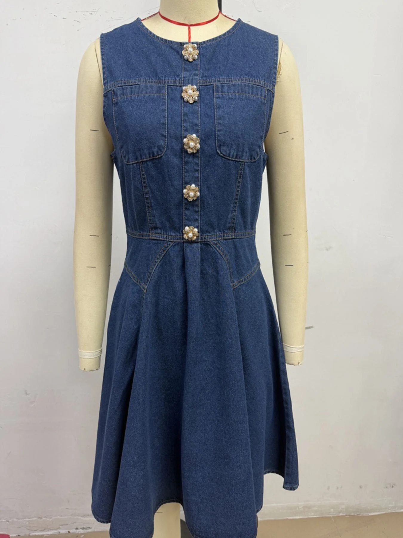 Button Decor Sleeveless Denim Dress - Image 6