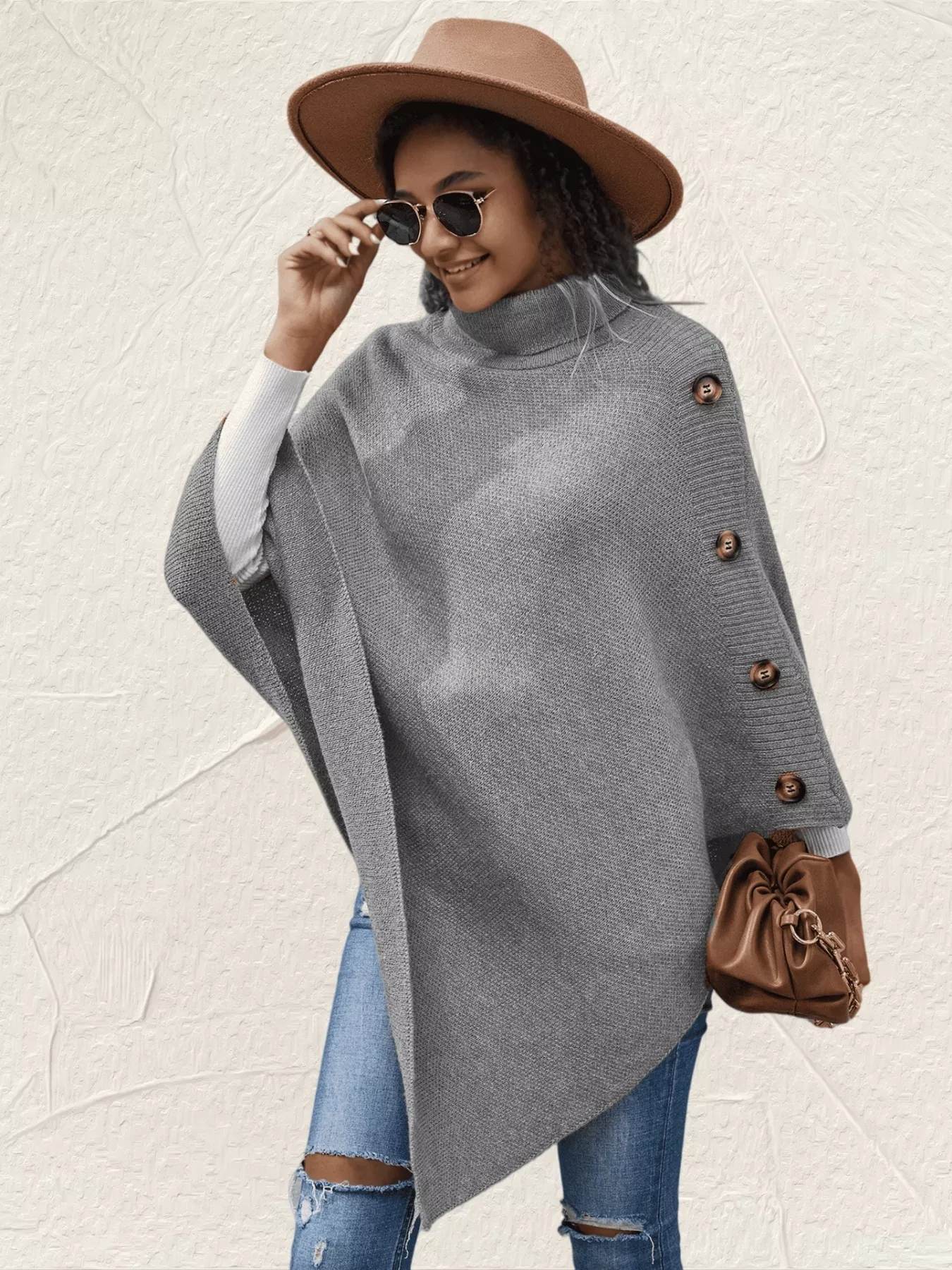 Button-Decor Turtleneck Poncho Pullover - Image 19