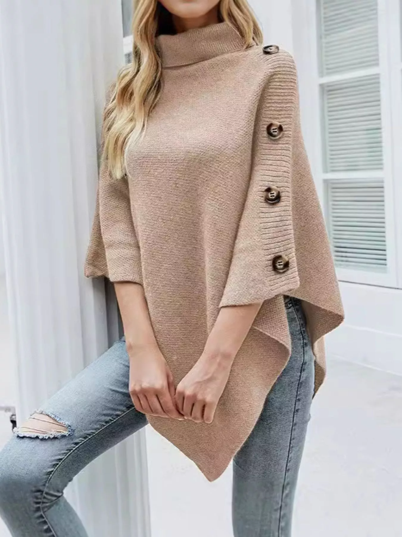 Button-Decor Turtleneck Poncho Pullover - Image 6