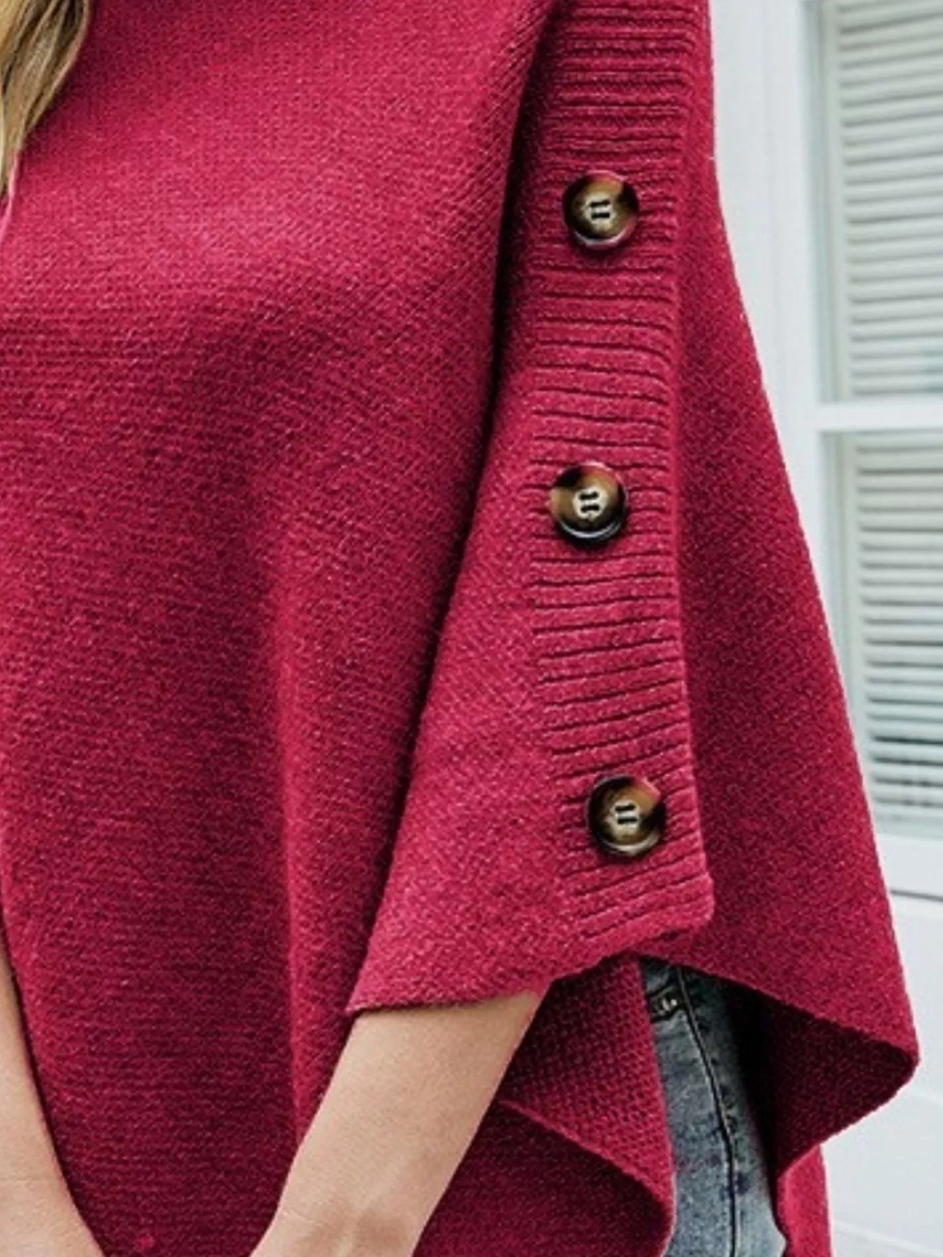 Button-Decor Turtleneck Poncho Pullover - Image 8