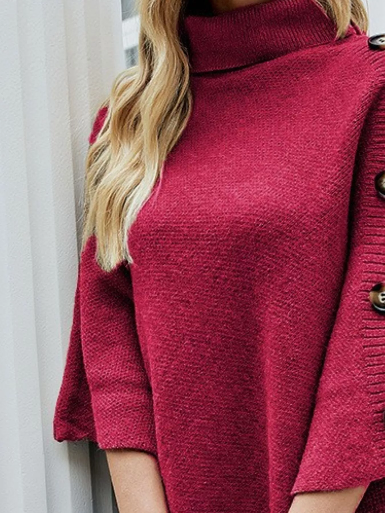 Button-Decor Turtleneck Poncho Pullover - Image 9
