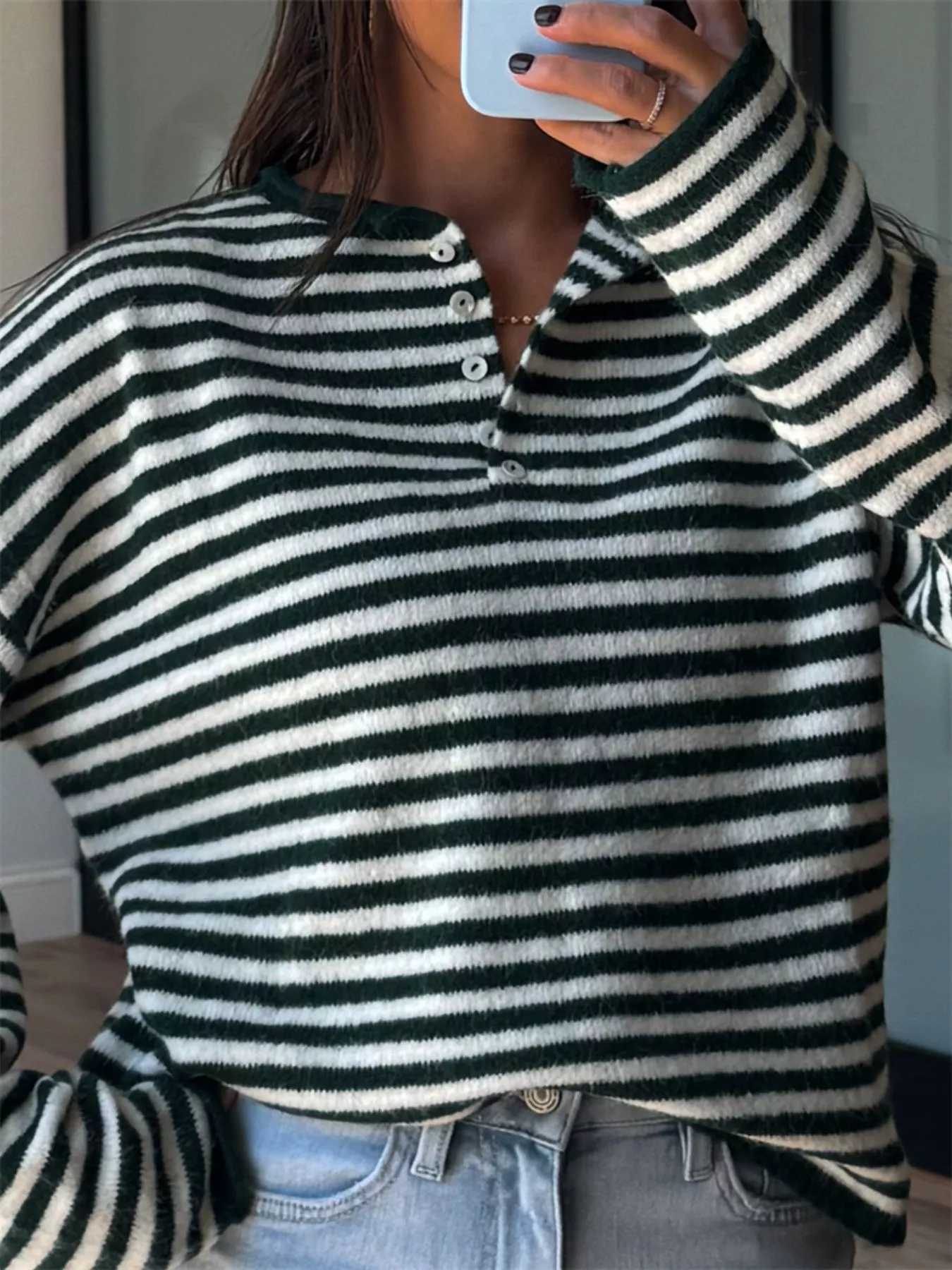 Button Detail Dropped Shoulder Striped Sweater - Image 13