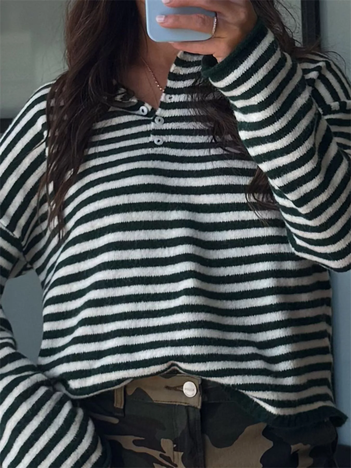 Button Detail Dropped Shoulder Striped Sweater - Image 14